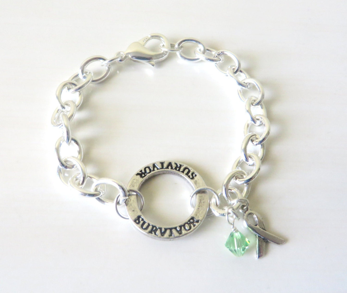 Lymphoma Survivor Lime Green Charm Bracelet Crystal Charm and Sterling Silver Awareness Ribbon Charm
