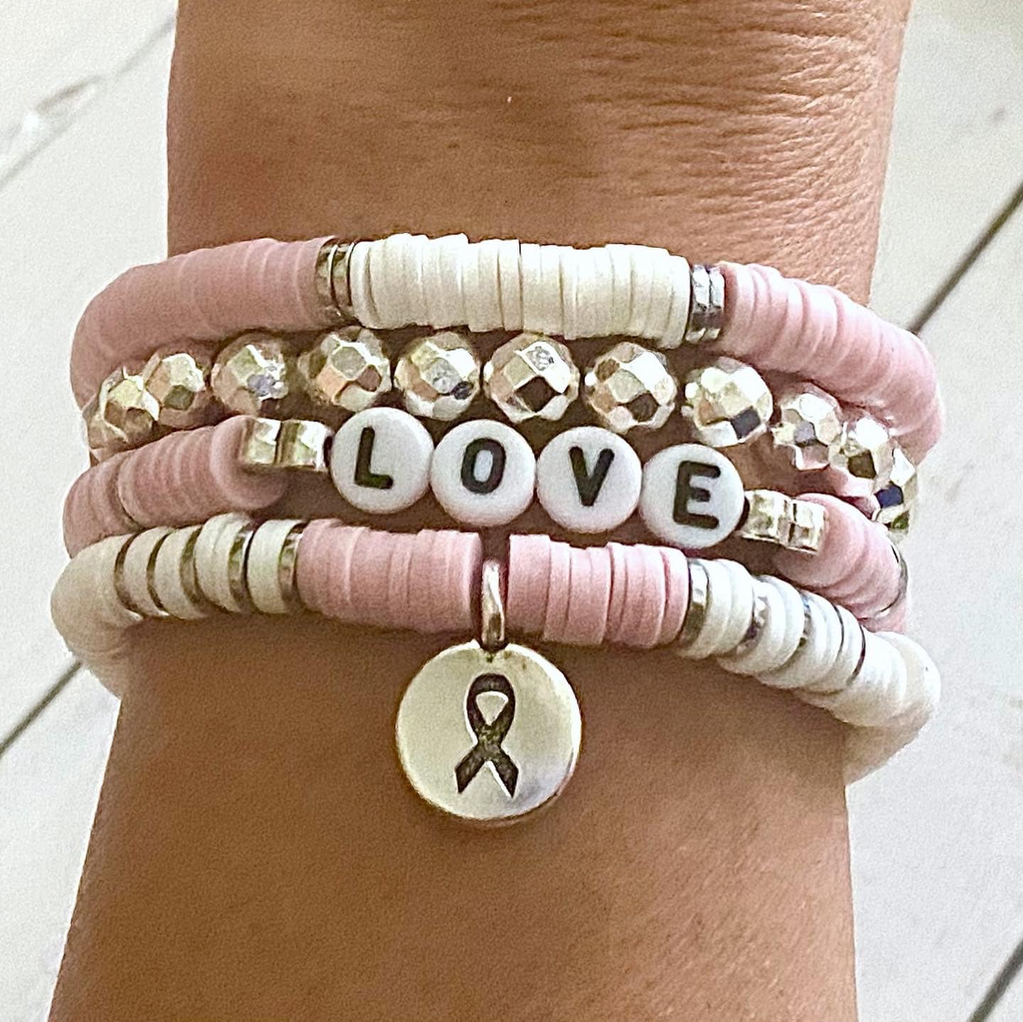 Breast Cancer Pink Stacked Stretch Awareness Ribbon Bracelet Survivor Hope Love Set You Select Bracelet Length and Wording