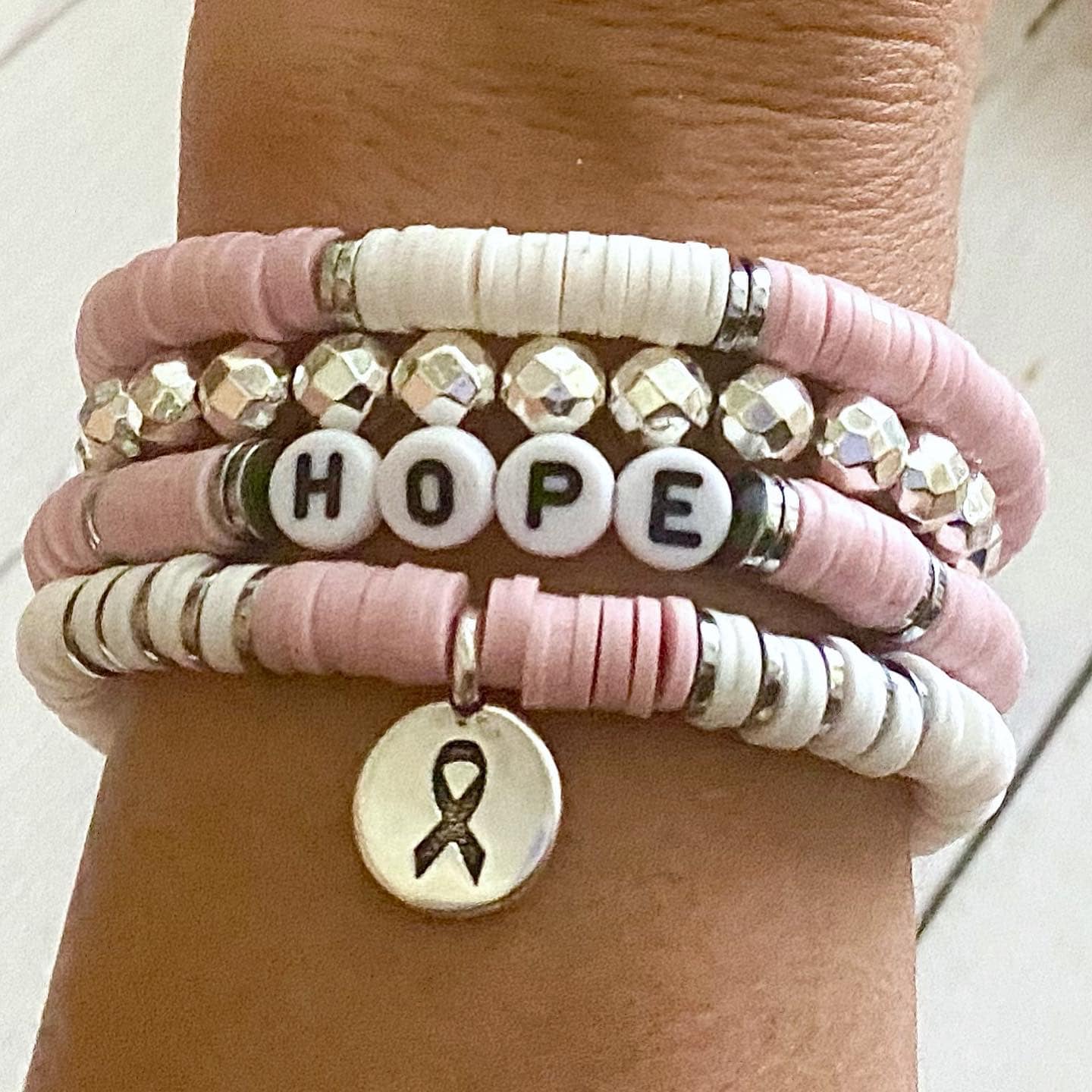 Breast Cancer Pink Stacked Stretch Awareness Ribbon Bracelet Survivor Hope Love Set You Select Bracelet Length and Wording