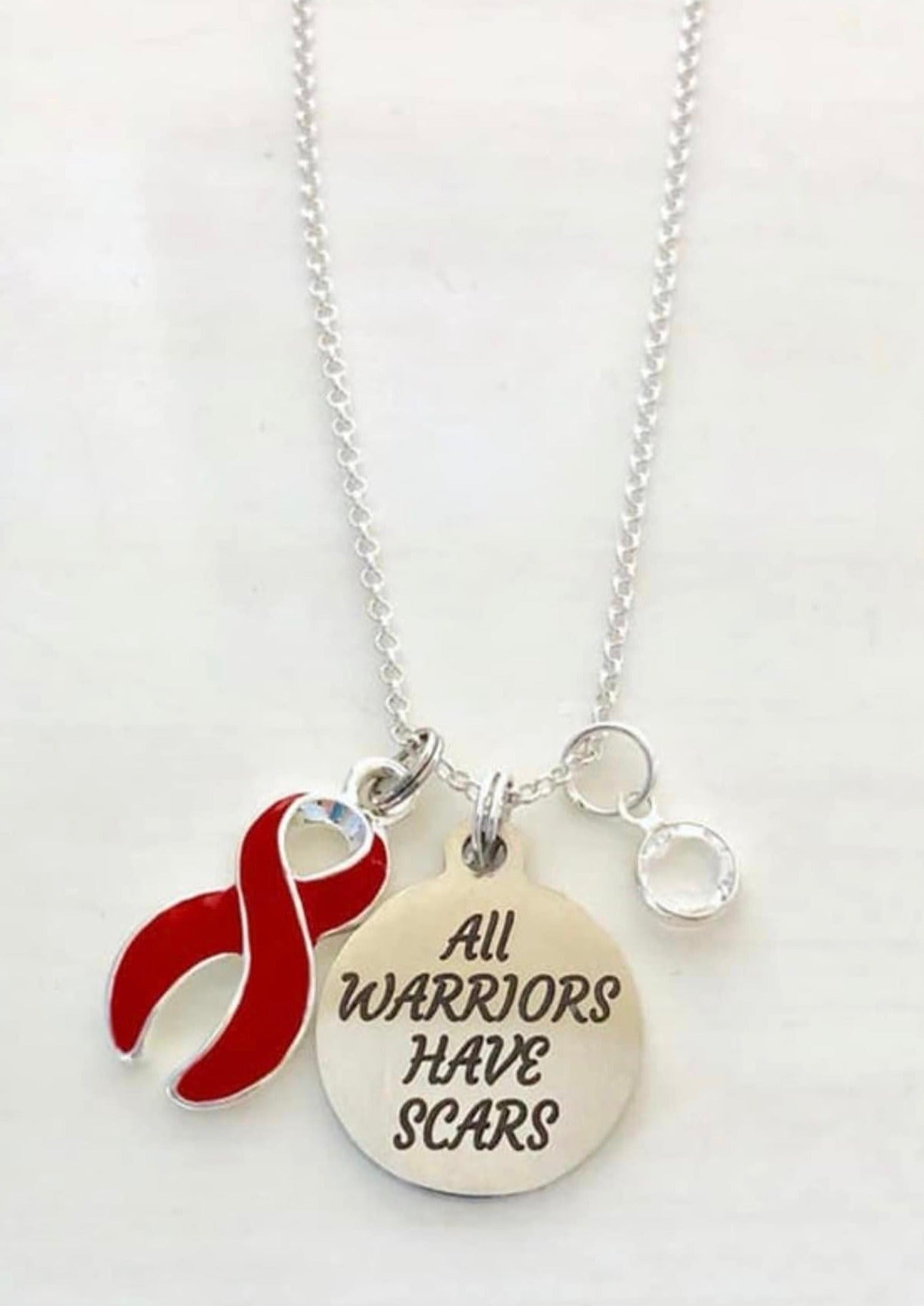 Red Awareness All Warriors Have Scars Survivor Warrior Fighter Necklace Sterling Silver You Select Chain Material and Length Heart Disease
