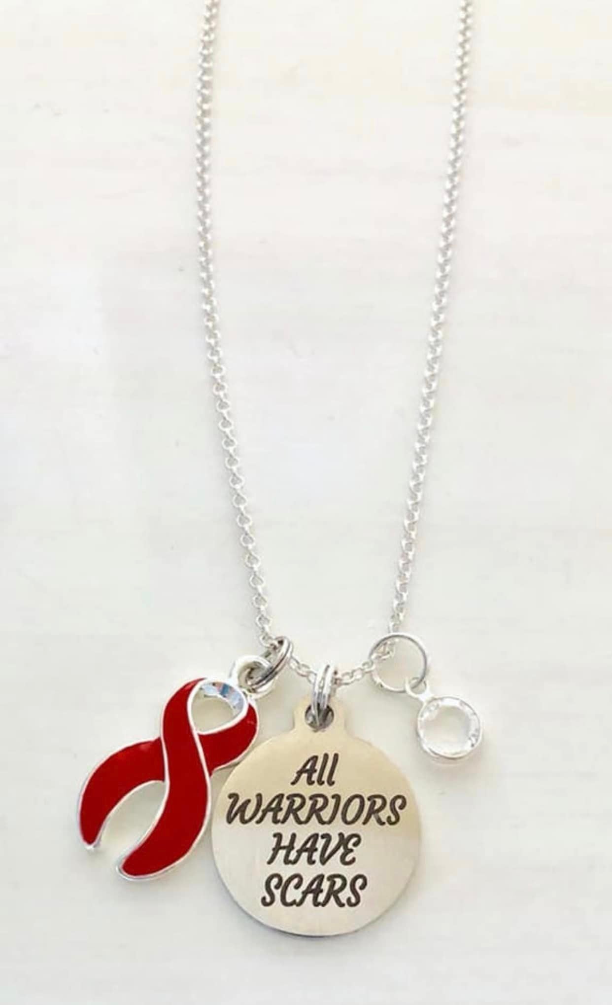 Red Awareness All Warriors Have Scars Survivor Warrior Fighter Necklace Sterling Silver You Select Chain Material and Length Heart Disease
