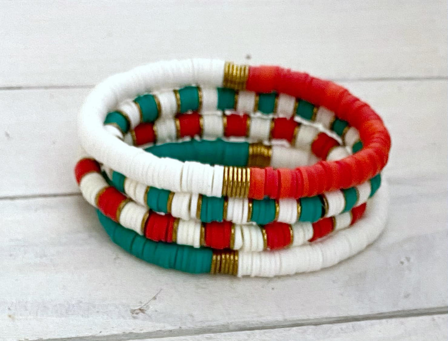 Holiday Christmas Cheer Red Green White Gold Stretch Stack Bracelet You Select Bracelet Length