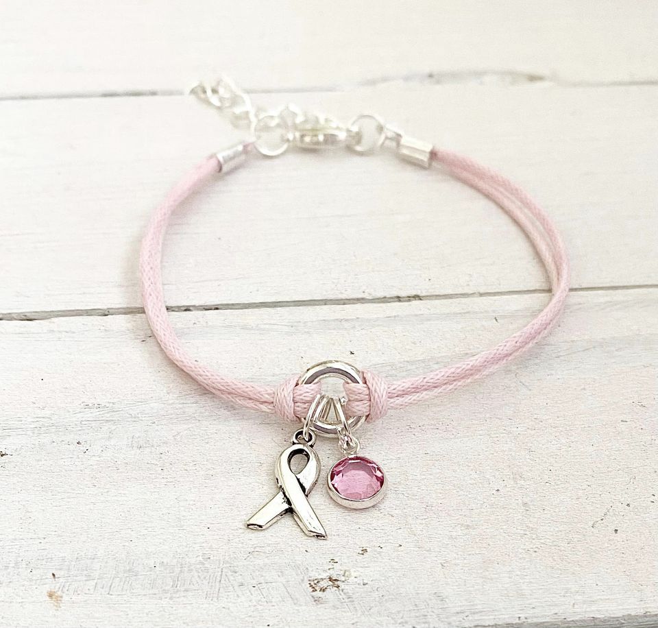 Pink Breast Cancer Awareness Bracelet with Pink Crystal Charm You Select Bracelet Length