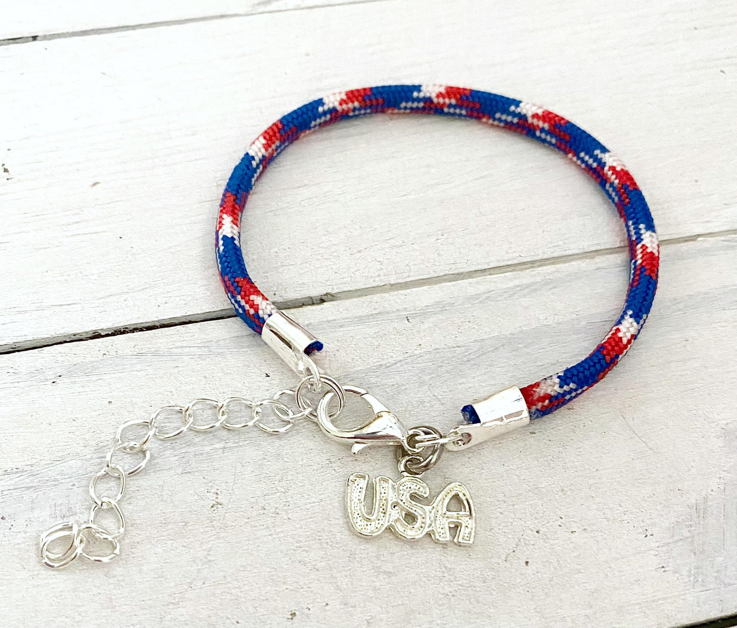 Patriotic USA July 4 Red White Blue Love America Cord Bracelet You Select Charm Choice and Length