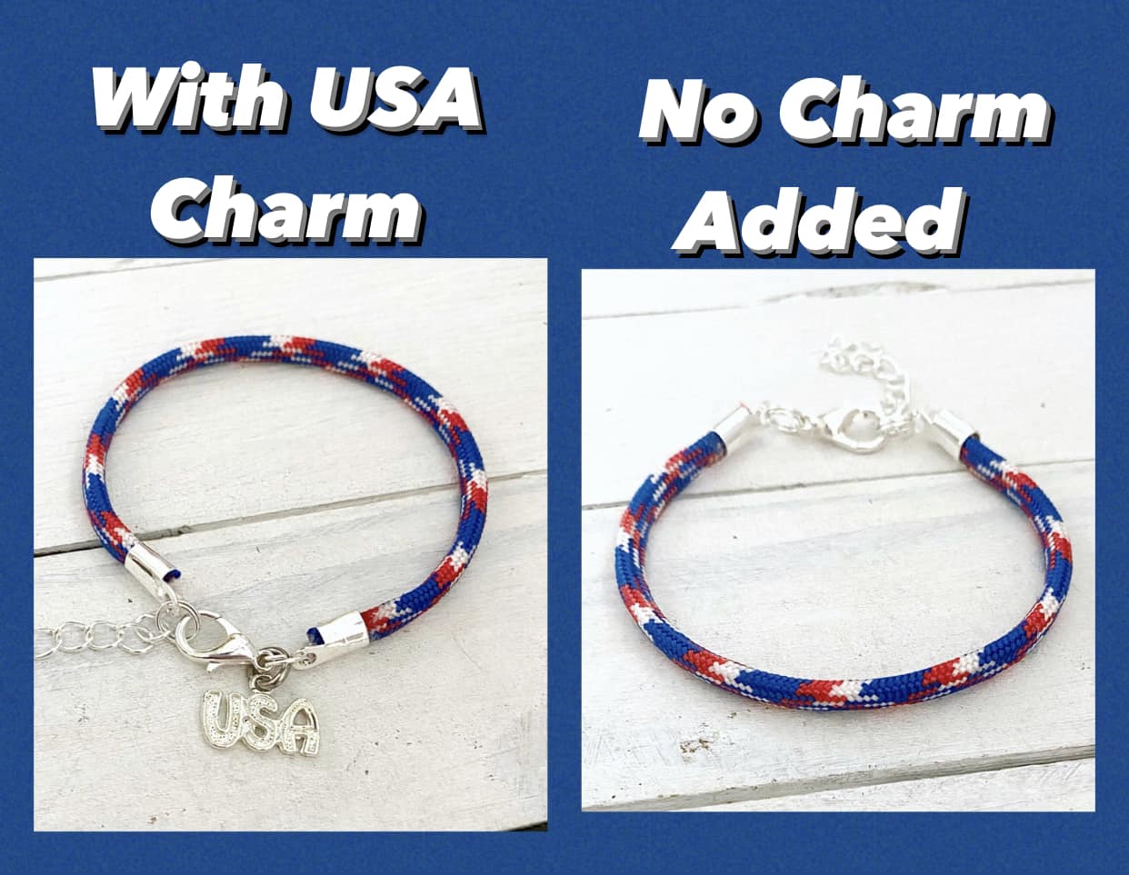 Patriotic USA July 4 Red White Blue Love America Cord Bracelet You Select Charm Choice and Length