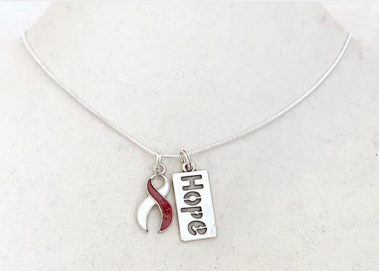 Head and Neck Cancer Customizable Awareness Ribbon Stainless Steel Charm Necklace with Optional Add On Charms