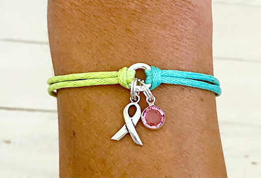 Metastatic Breast Cancer Stage 4 Awareness Bracelet with Crystal Charm You Select Cord Color(s), Crystal Color, and Bracelet Length