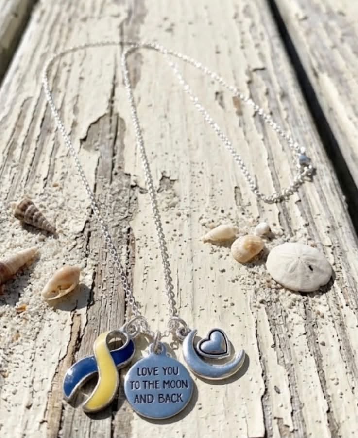 Down Syndrome Awareness Ribbon I Love You To the Moon and Back Laser Engraved Necklace You Select Chain Material and Length