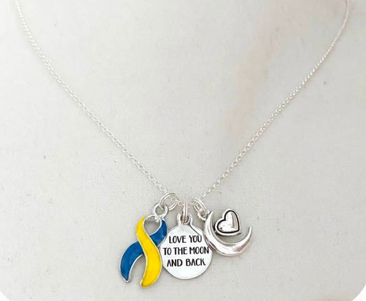 Down Syndrome Awareness Ribbon I Love You To the Moon and Back Laser Engraved Necklace You Select Chain Material and Length