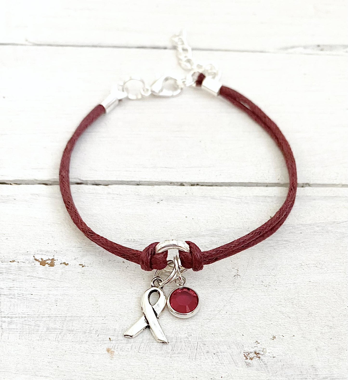 Burgundy Awareness Bracelet with Burgundy Crystal Charm You Select Bracelet Length