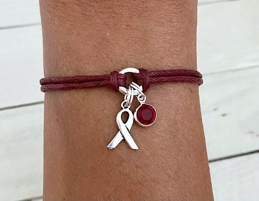 Burgundy Awareness Bracelet with Burgundy Crystal Charm You Select Bracelet Length