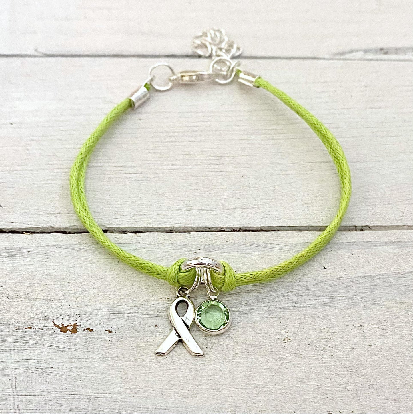 Lime Green Lymphoma Awareness Bracelet with Lime Green Crystal Charm You Select Bracelet Length