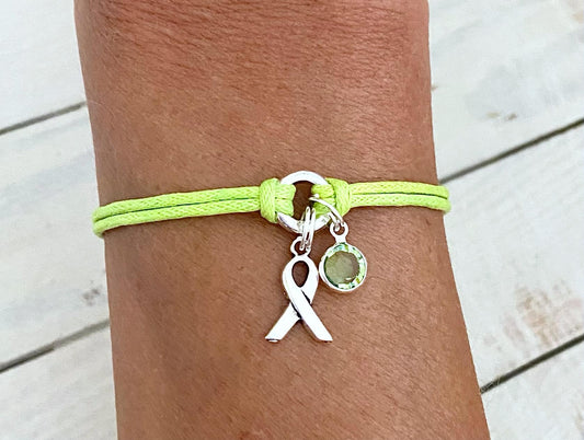 Lime Green Lymphoma Awareness Bracelet with Lime Green Crystal Charm You Select Bracelet Length