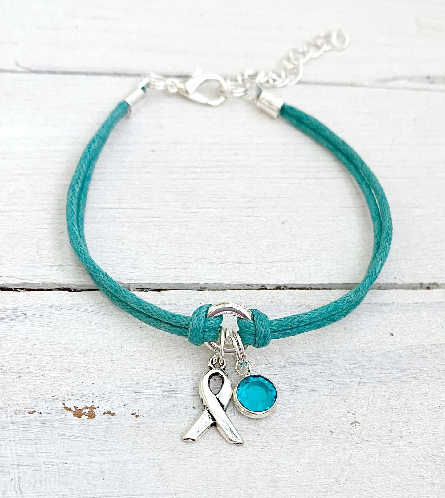 Teal Awareness Bracelet with Teal Crystal Charm You Select Bracelet Length