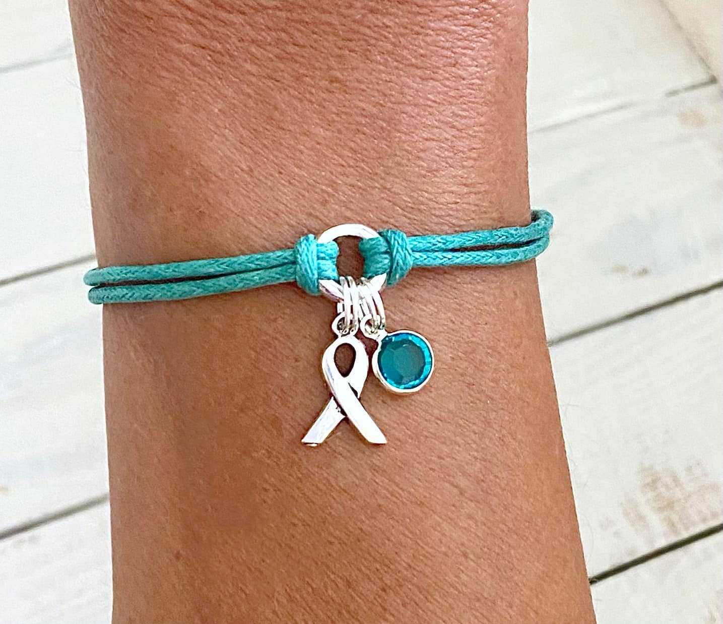 Teal Awareness Bracelet with Teal Crystal Charm You Select Bracelet Length