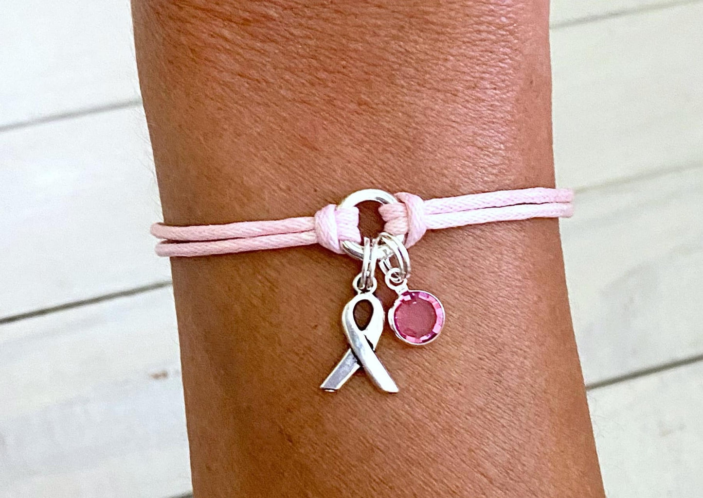 Pink Breast Cancer Awareness Bracelet with Pink Crystal Charm You Select Bracelet Length