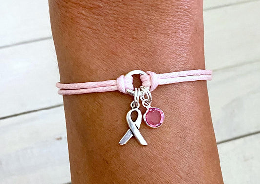 Pink Breast Cancer Awareness Bracelet with Pink Crystal Charm You Select Bracelet Length