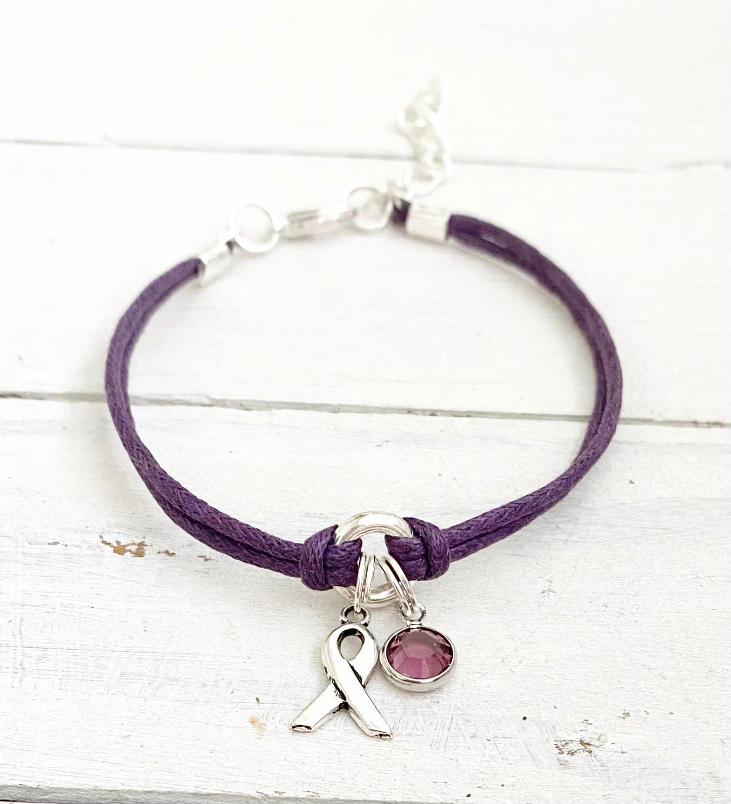 Purple Awareness Bracelet with Purple Crystal Charm You Select Bracelet Length Alzheimers Crohns Disease Pancreatic Cancer Lupus