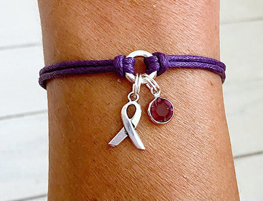 Purple Awareness Bracelet with Purple Crystal Charm You Select Bracelet Length Alzheimers Crohns Disease Pancreatic Cancer Lupus