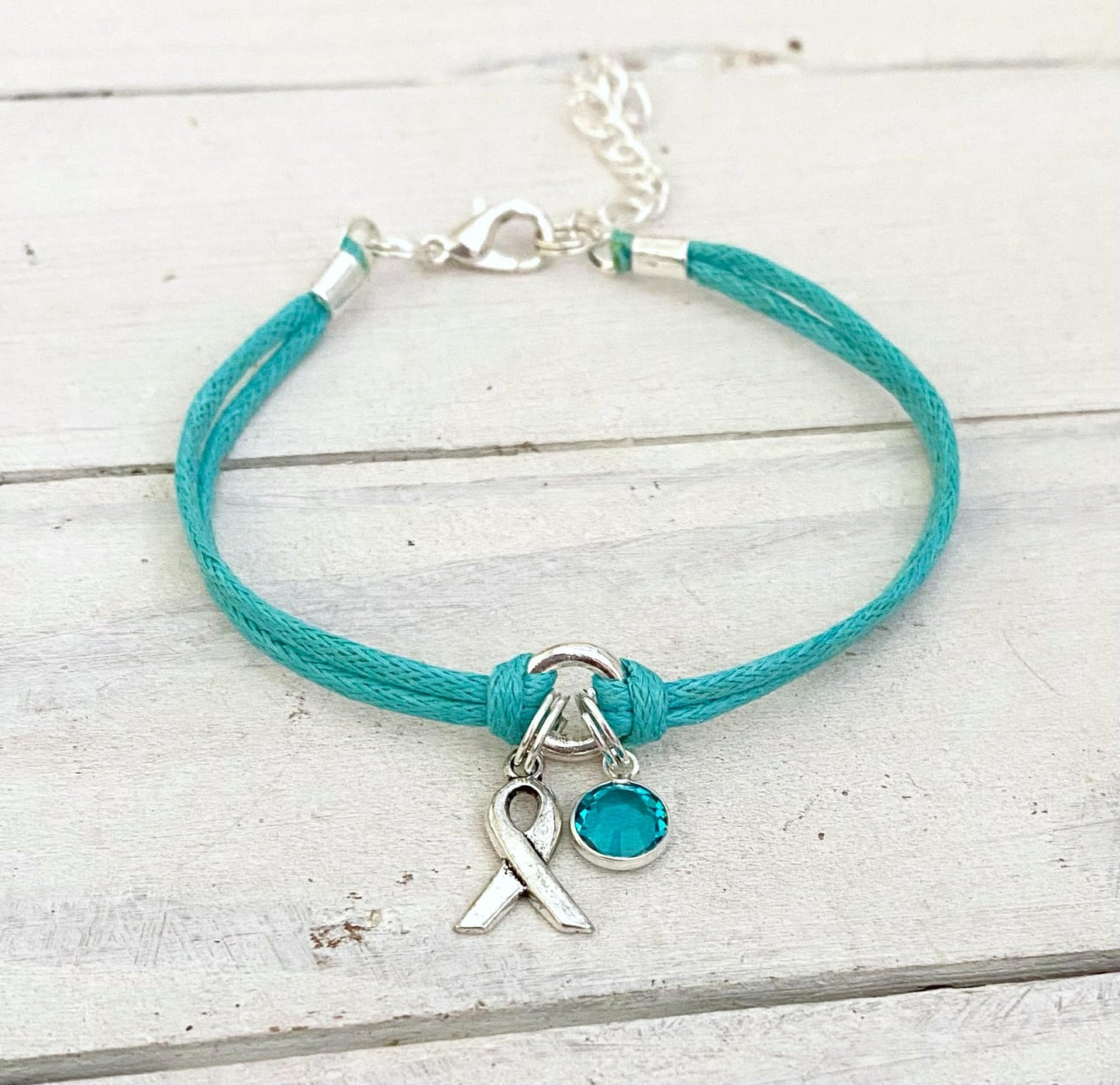 Teal Awareness Bracelet with Teal Crystal Charm You Select Bracelet Length