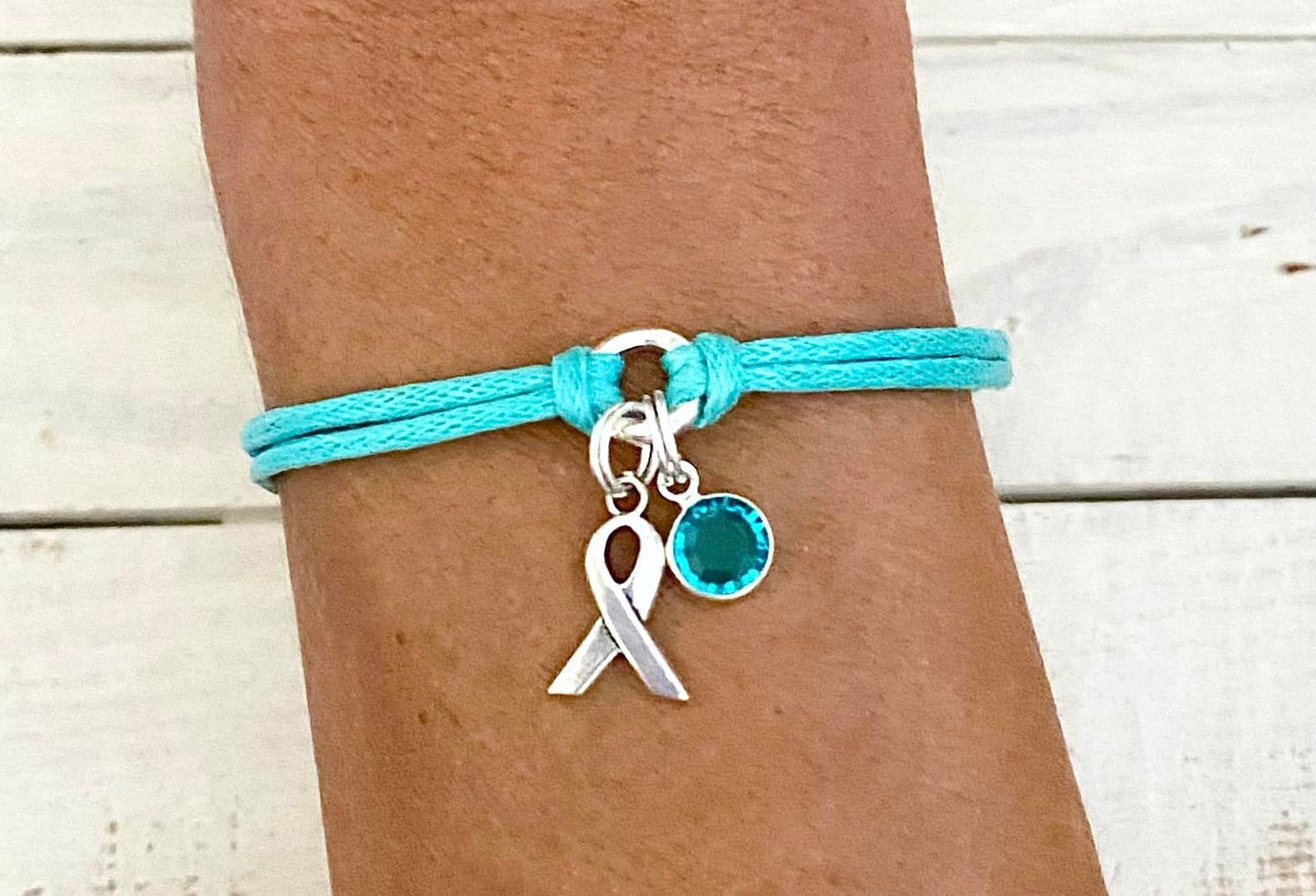 Teal Awareness Bracelet with Teal Crystal Charm You Select Bracelet Length