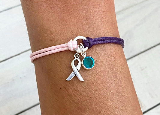 Thyroid Awareness Bracelet With Crystal Charm You Select Bracelet Length Cord Color and Crystal Color Thyroid Cancer Hashimotos Graves Lupus