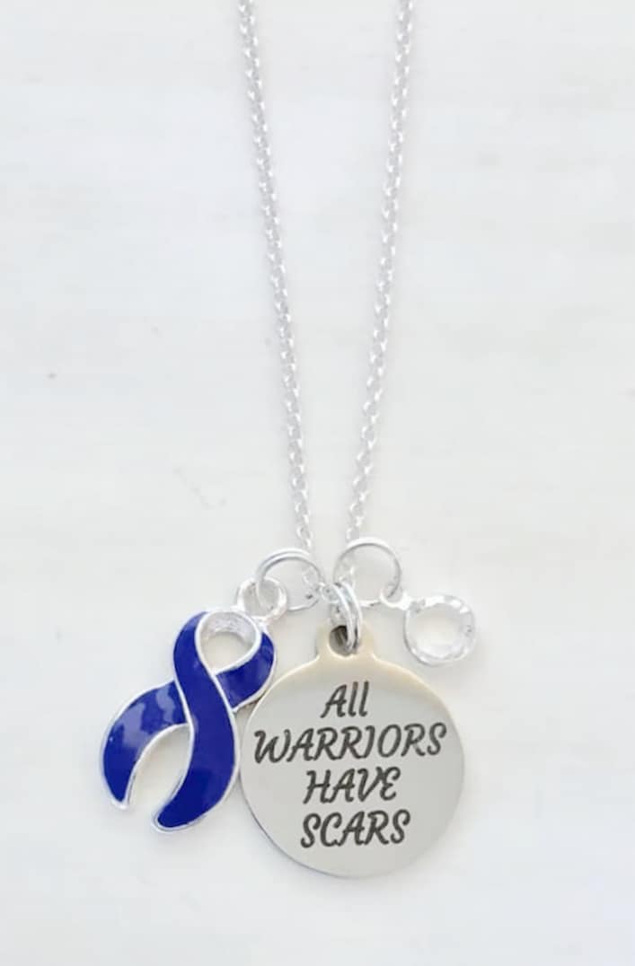 Blue Awareness All Warriors Have Scars Survivor Warrior Fighter Necklace Sterling Silver You Select Chain Material and Length