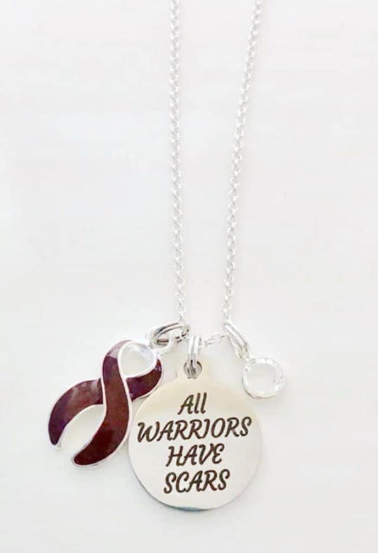 Burgundy Awareness All Warriors Have Scars Survivor Warrior Fighter Necklace Sterling Silver You Select Chain Material and Length