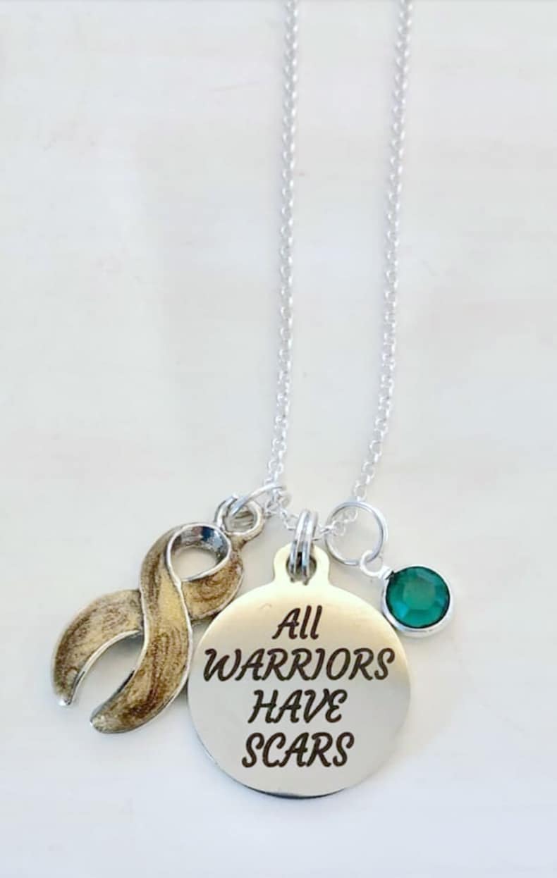 Gold Childhood Cancer Awareness All Warriors Have Scars Survivor Warrior Fighter Necklace Sterling Silver You Select Chain Material and Length