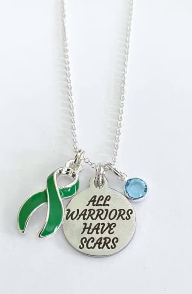 Green Awareness All Warriors Have Scars Survivor Warrior Fighter Necklace Sterling Silver You Select Chain Material and Length