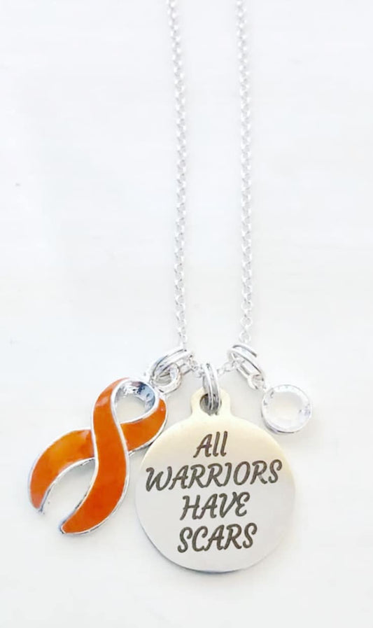 Orange Awareness All Warriors Have Scars Survivor Warrior Fighter Necklace Sterling Silver You Select Chain Material and Length