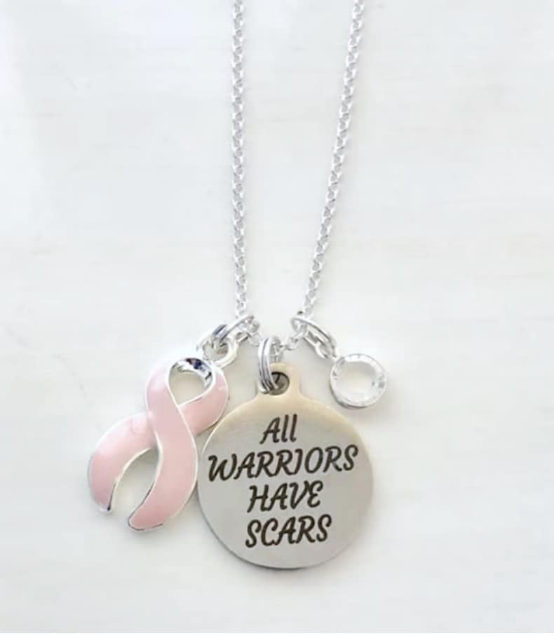 Pink Breast Cancer Awareness All Warriors Have Scars Survivor Warrior Fighter Necklace Sterling Silver You Select Chain Material and Length