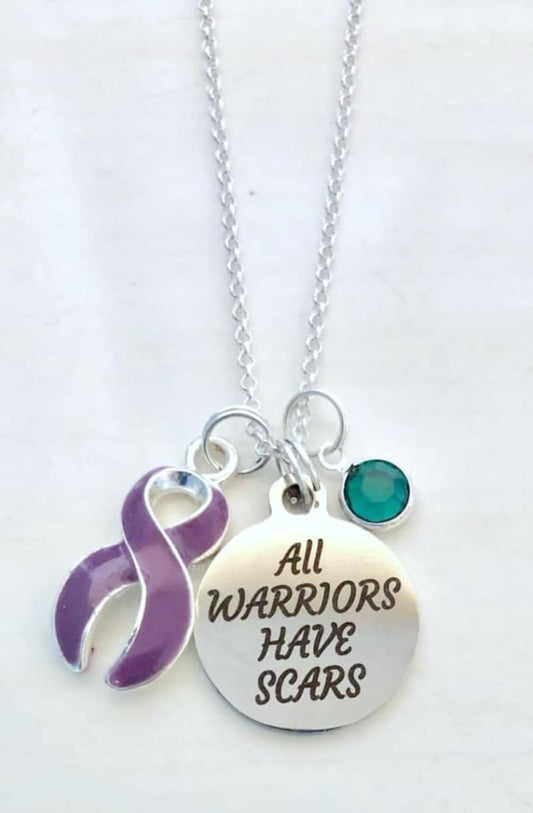 Purple Awareness All Warriors Have Scars Survivor Warrior Fighter Necklace Sterling Silver You Select Chain Material and Length