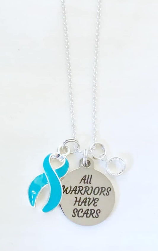 Turquoise Awareness All Warriors Have Scars Survivor Warrior Fighter Necklace Sterling Silver You Select Chain Material and Length