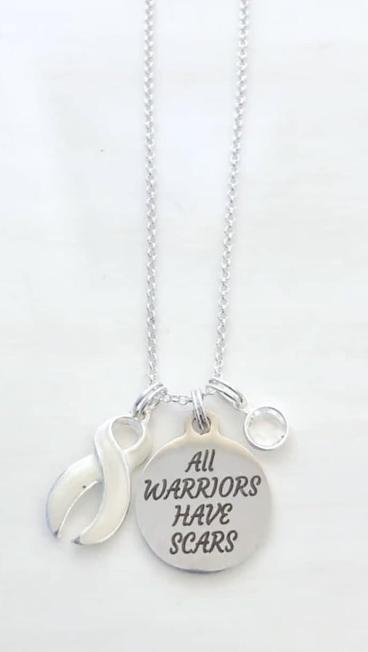 White Awareness All Warriors Have Scars Survivor Warrior Fighter Necklace Sterling Silver You Select Chain Material and Length