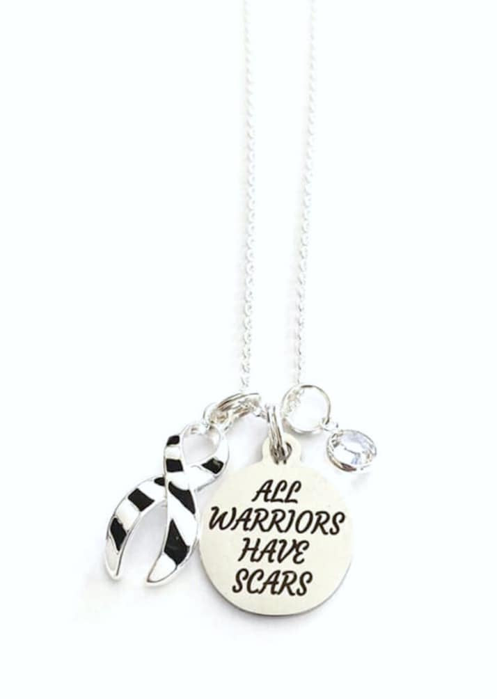 Zebra Carcinoid Cancer Awareness All Warriors Have Scars Survivor Warrior Fighter Necklace Sterling Silver You Select Chain Material and Length