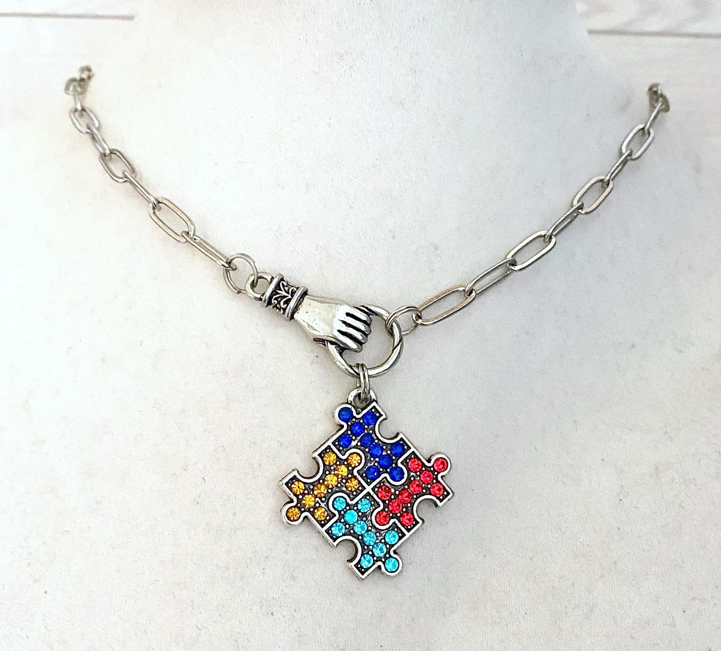 Autism Puzzle Piece Crystal Hand Holding Awareness Necklace You Select Chain Length