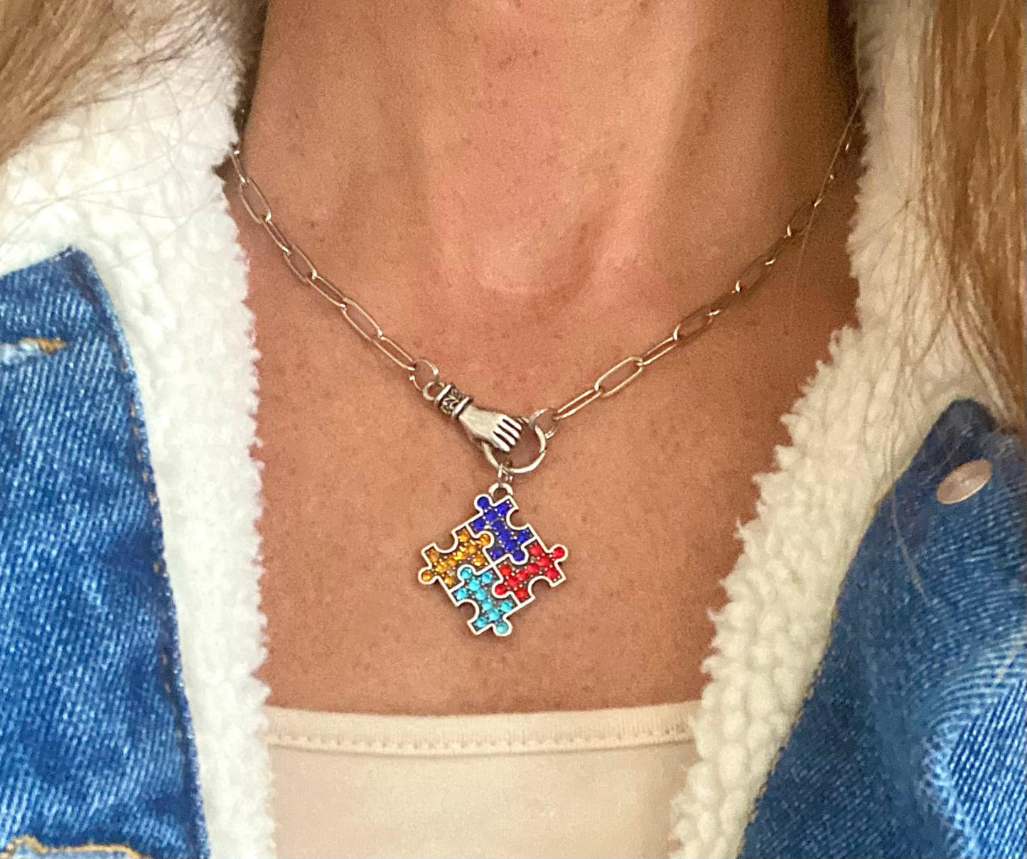 Autism Puzzle Piece Crystal Hand Holding Awareness Necklace You Select Chain Length