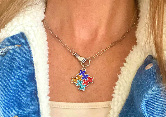 Autism Puzzle Piece Crystal Hand Holding Awareness Necklace You Select Chain Length