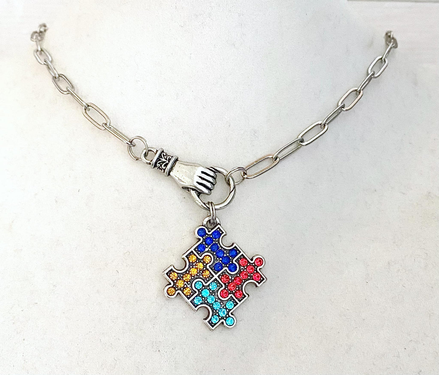 Autism Puzzle Piece Crystal Hand Holding Awareness Necklace You Select Chain Length