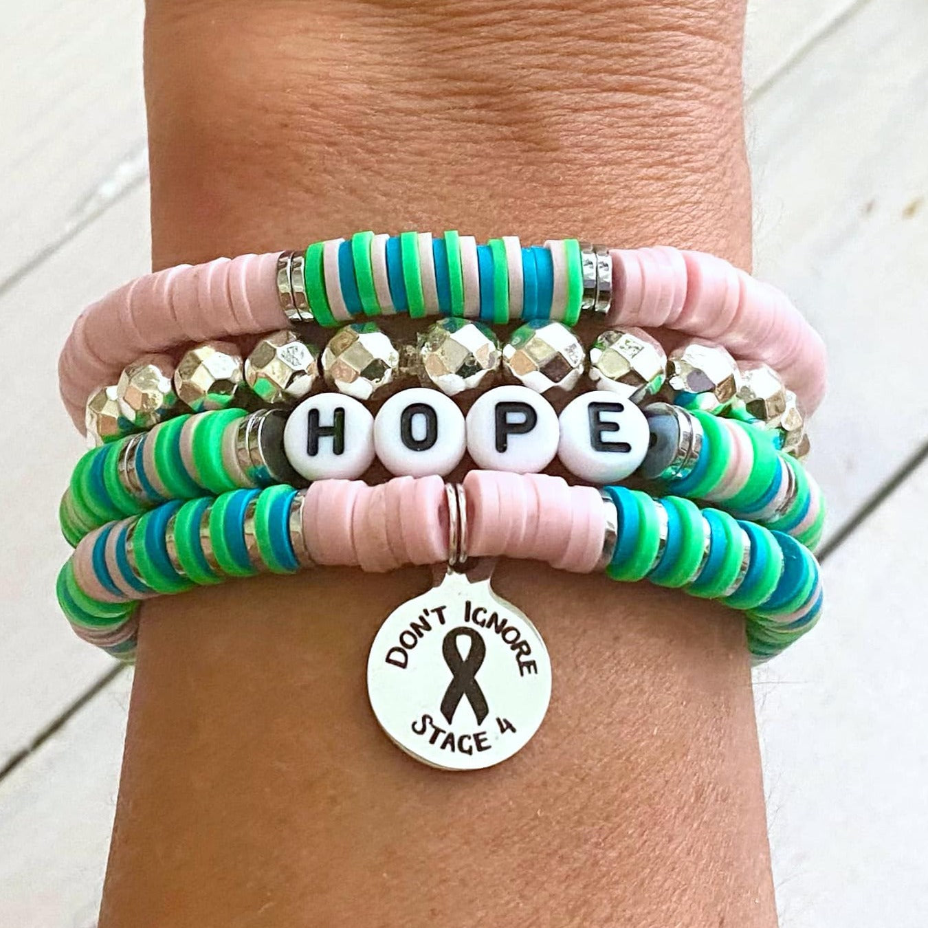 Metastatic Breast Cancer Don't Ignore Stage 4 Awareness Ribbon Stacked Stretch Bracelet Set You Select Bracelet Length and Wording