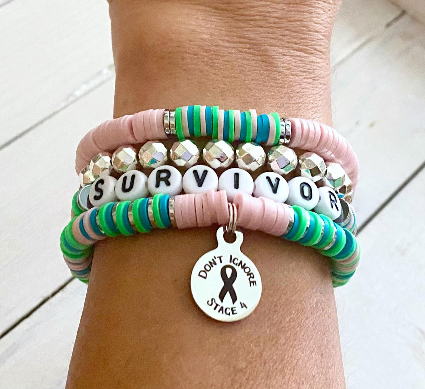 Metastatic Breast Cancer Don't Ignore Stage 4 Awareness Ribbon Stacked Stretch Bracelet Set You Select Bracelet Length and Wording