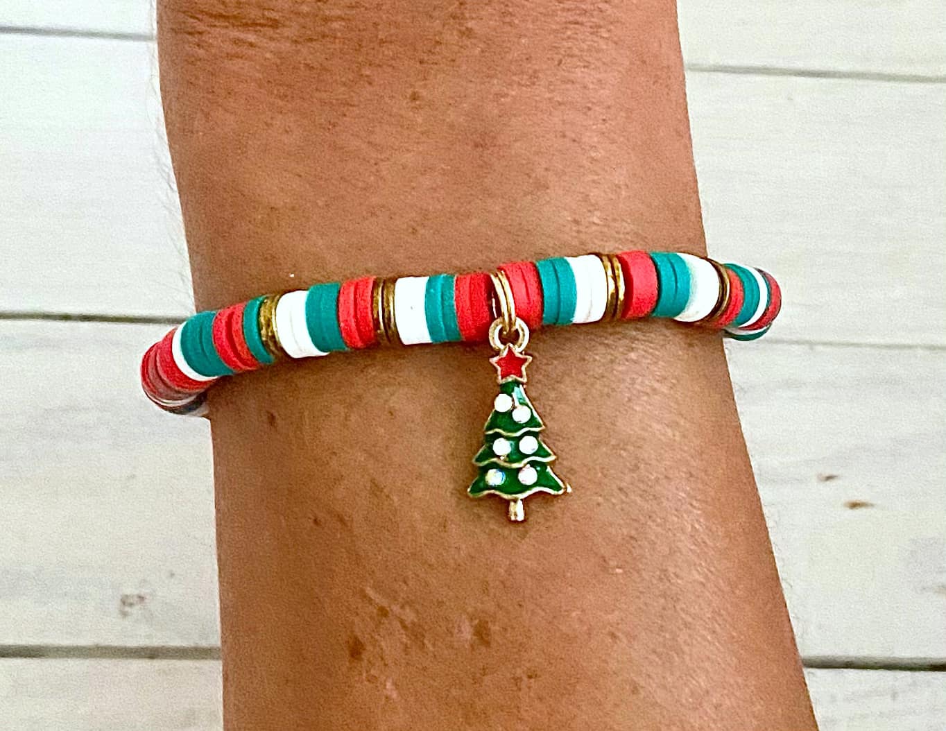 Christmas Tree Holiday Red Green White Cheer Santa Xmas Stretch Bracelet You Select Bracelet Size