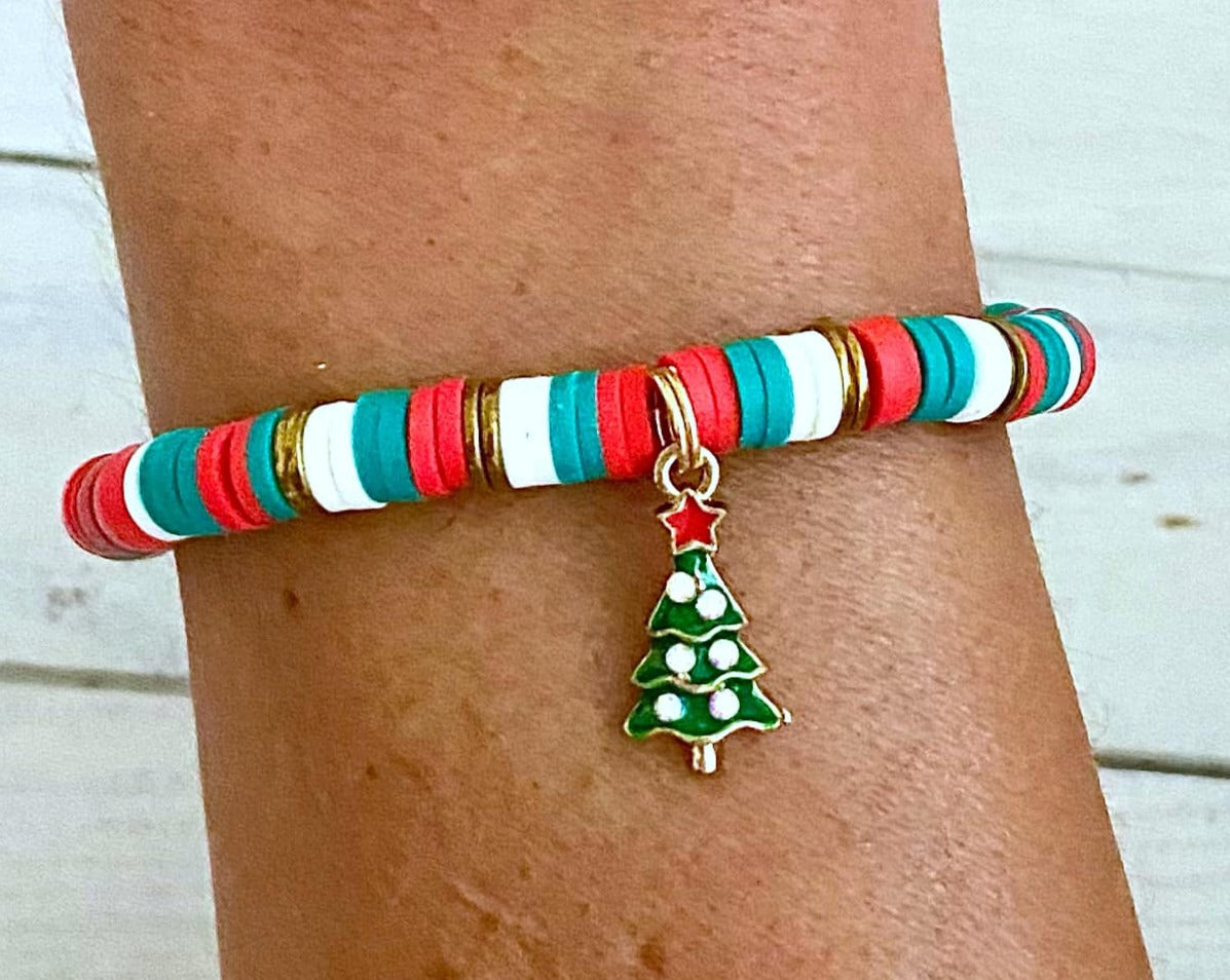 Christmas Tree Holiday Red Green White Cheer Santa Xmas Stretch Bracelet You Select Bracelet Size