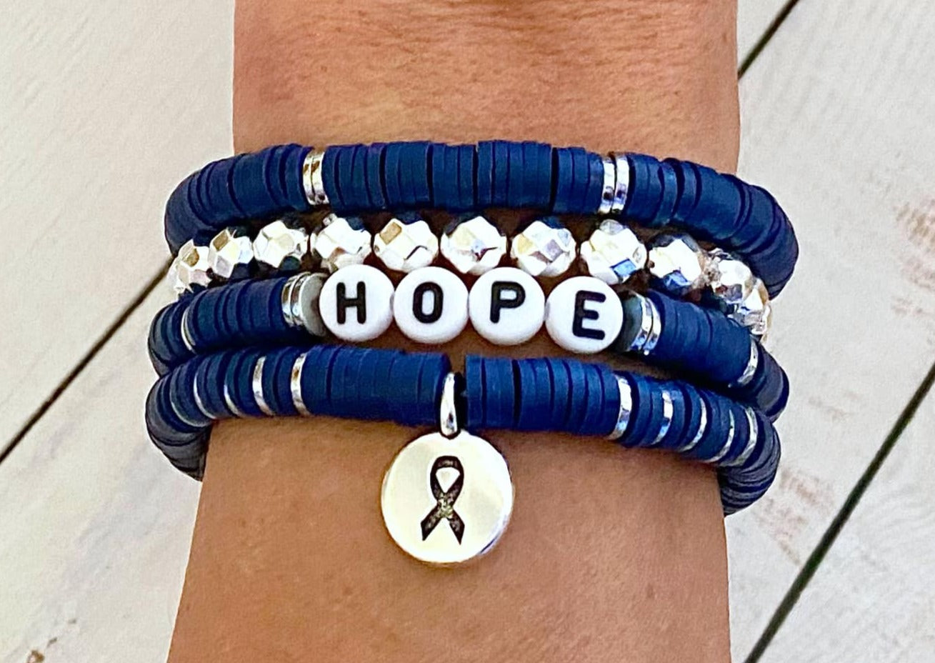 Colon Cancer Awareness Blue Ribbon Stacked Stretch Bracelet Set Survivor Hope Love You Select Bracelet Length and Wording Arthritis Dystonia