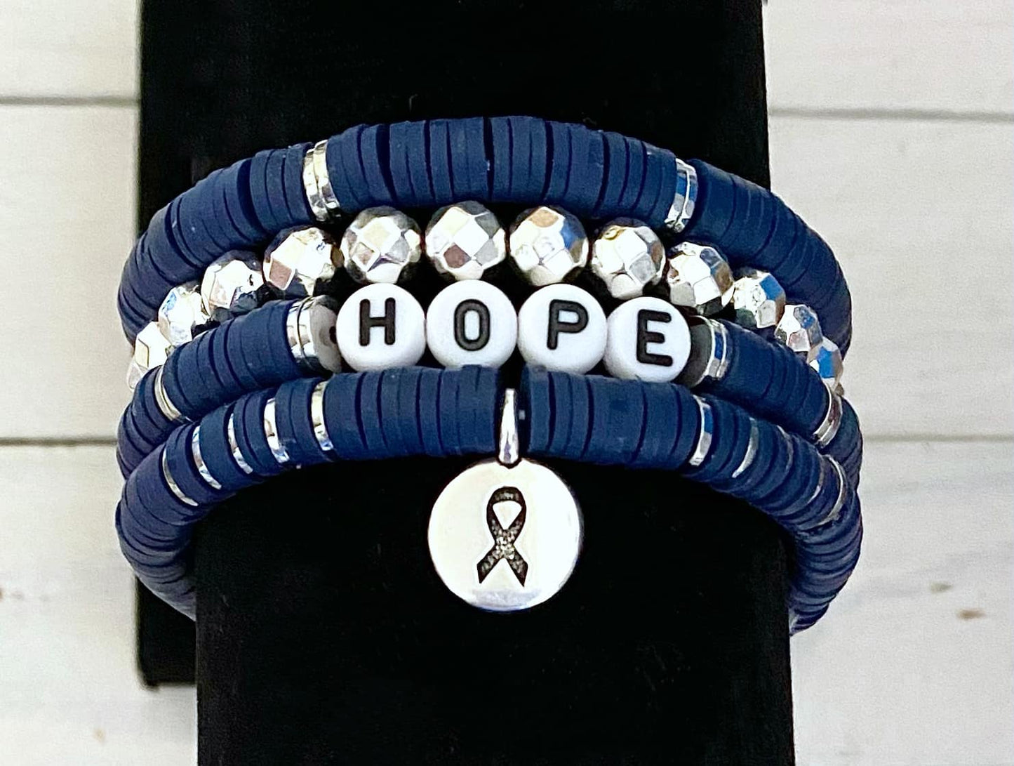 Colon Cancer Awareness Blue Ribbon Stacked Stretch Bracelet Set Survivor Hope Love You Select Bracelet Length and Wording Arthritis Dystonia