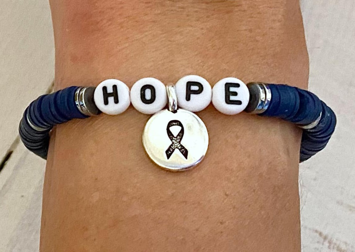 Colon Cancer Awareness Blue Ribbon Stretch Bracelet Survivor Hope Love You Select Bracelet Length and Wording Arthritis Dystonia