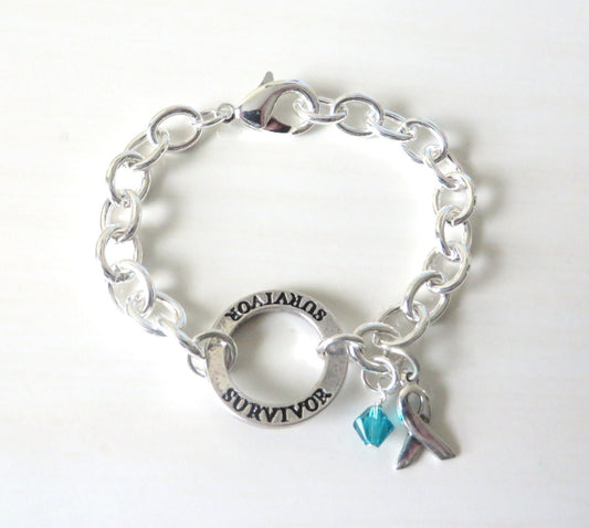Survivor Teal Crystal Charm Bracelet Ovarian Cancer Tourettes Syndrome Ocd Anxiety Awareness Ptsd