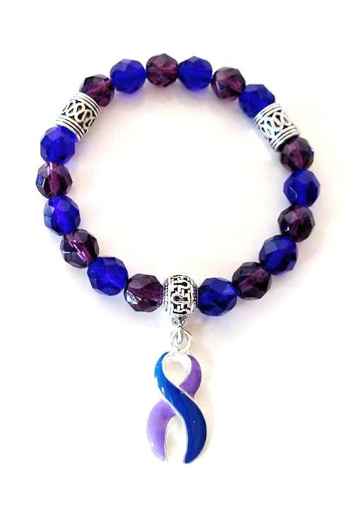 Rheumatoid Arthritis Purple Royal Blue Awareness Ribbon Infinity Glass Beaded Stretch Bracelet