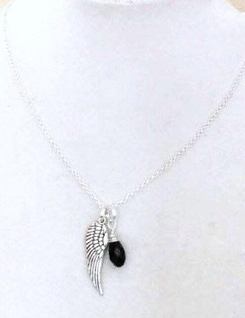 Black Melanoma Skin Cancer Awareness Angel Wing Pendant Sterling Silver Necklace You Select Chain Length